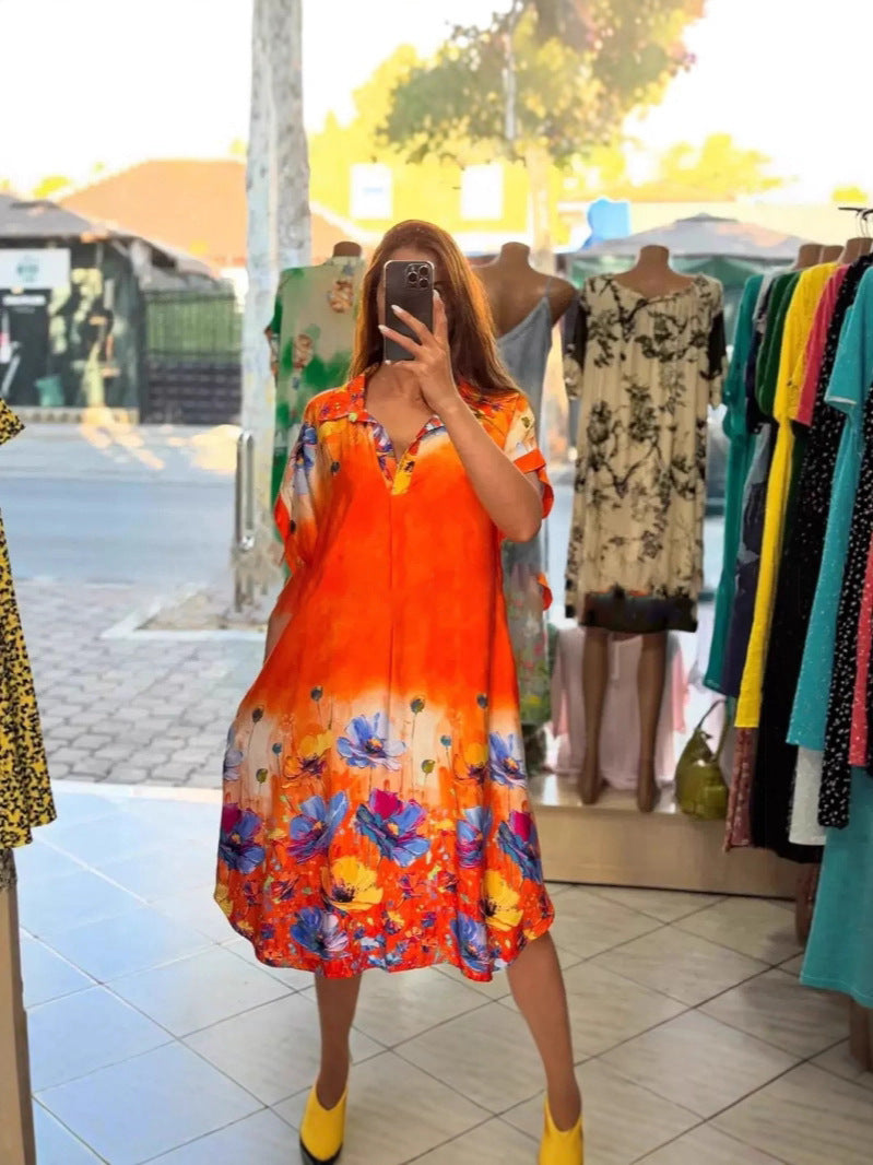 Women's lightweight shirt dress with floral border print, open V-neck and side pockets Mune Fashion