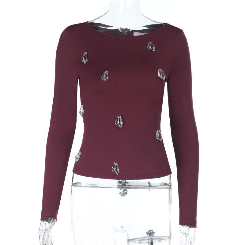 Women's Fitted Long Sleeve Shirt with Crystal Applications Mune Fashion