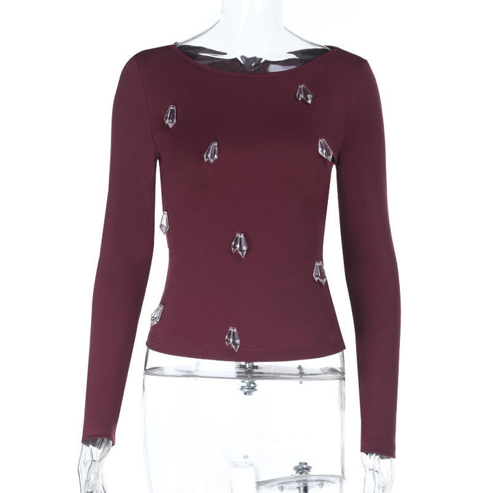 Women's Fitted Long Sleeve Shirt with Crystal Applications Mune Fashion