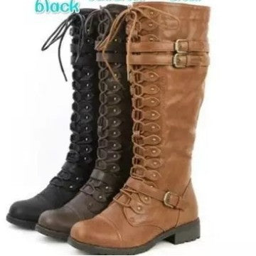 Women's knee-high lace-up boots with adjustable decorative buckles and robust tread sole Mune Fashion