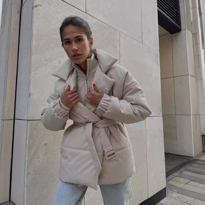 Women Padded Tailored Quilted Jacket with Belt and Hood Mune Fashion