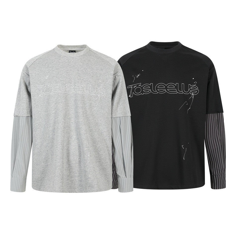 Unisex Layer Long Sleeve Shirt with Half Sleeve Overlay, Striped Contrast Sleeves and Tone-on-Tone Logo Mune Fashion