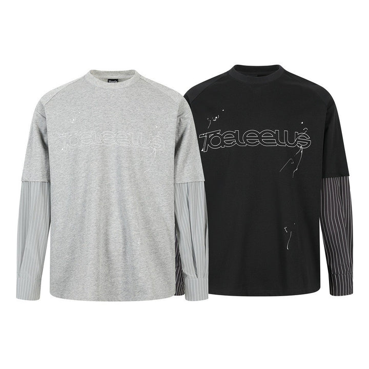 Unisex Layer Long Sleeve Shirt with Half Sleeve Overlay, Striped Contrast Sleeves and Tone-on-Tone Logo Mune Fashion