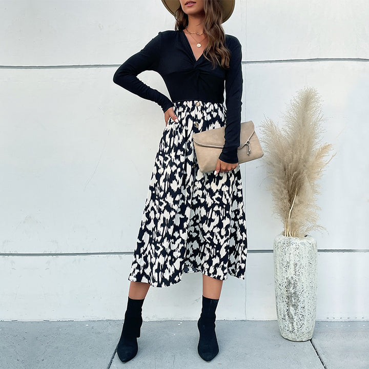 Women Elegant Wrap Dress with Long Sleeve and Floral Skirt Mune Fashion