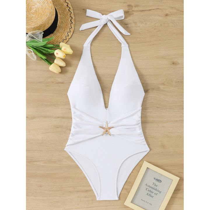 Ladies One-Piece Swimsuit with Elegant V-Neck and Decorative Star Application Mune Fashion