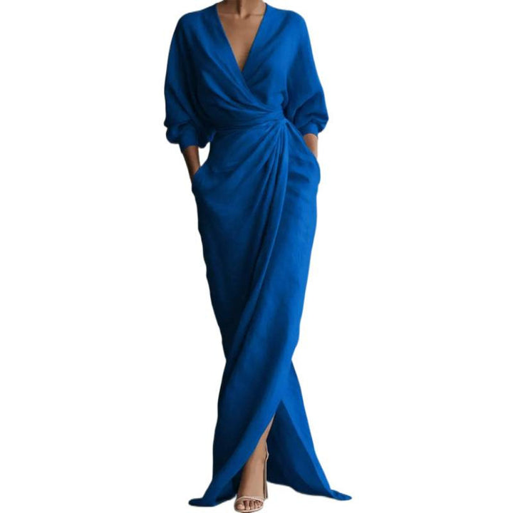 Women's Draped Wrap Maxi Dress with Deep V-Neck, Waist Twist and Side Pockets Drune