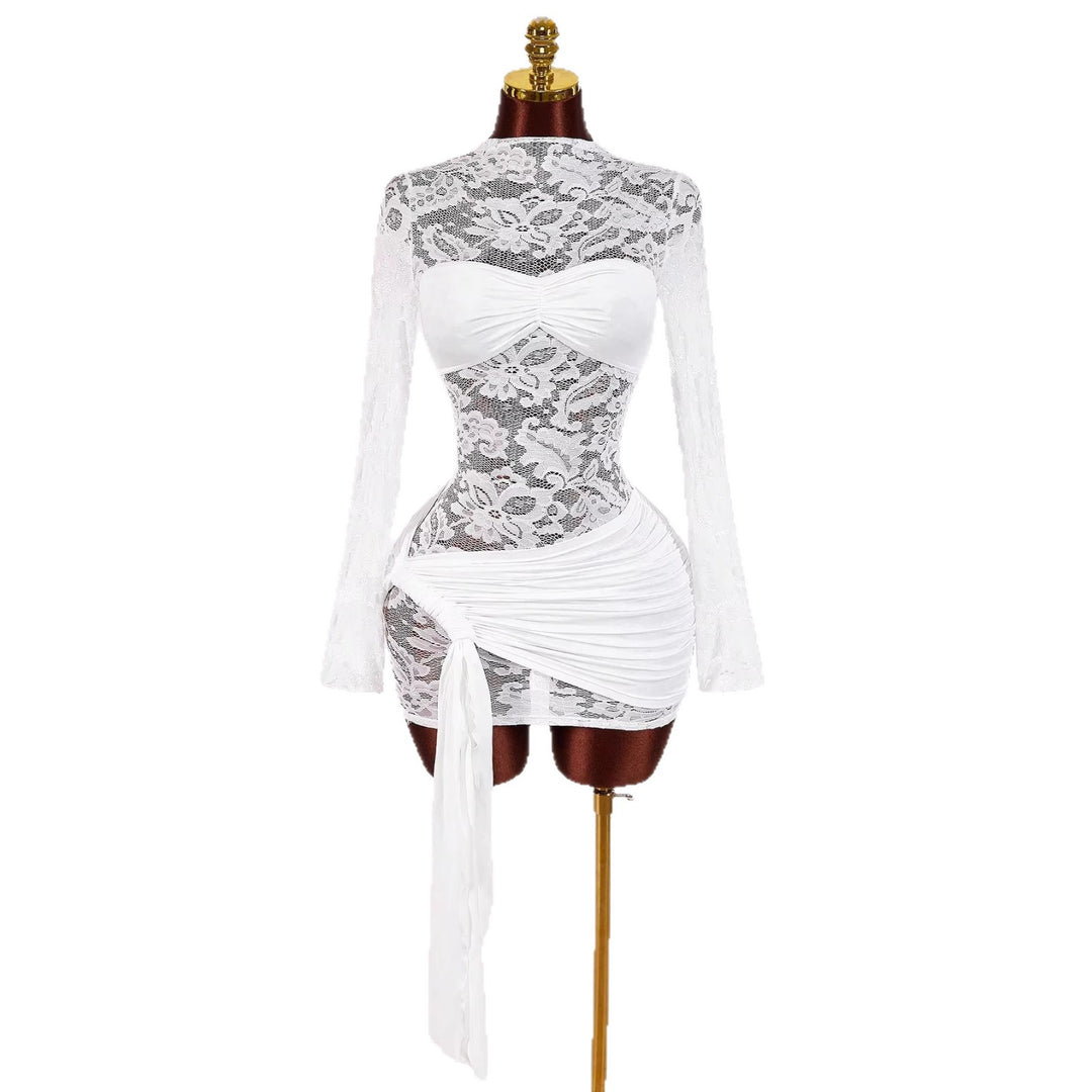 Women transparent lace mini dress with bandeau insert, gathered wrap skirt and long sleeves Mune Fashion