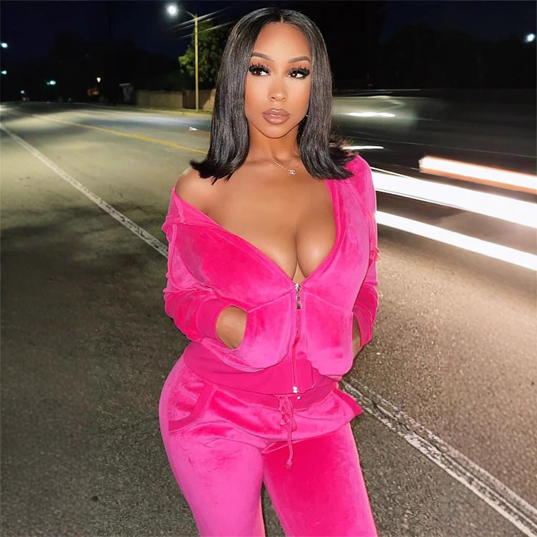 Ladies slim-fitting velour two-piece with hood zip and tailored drawstring jogging pants Mune Fashion