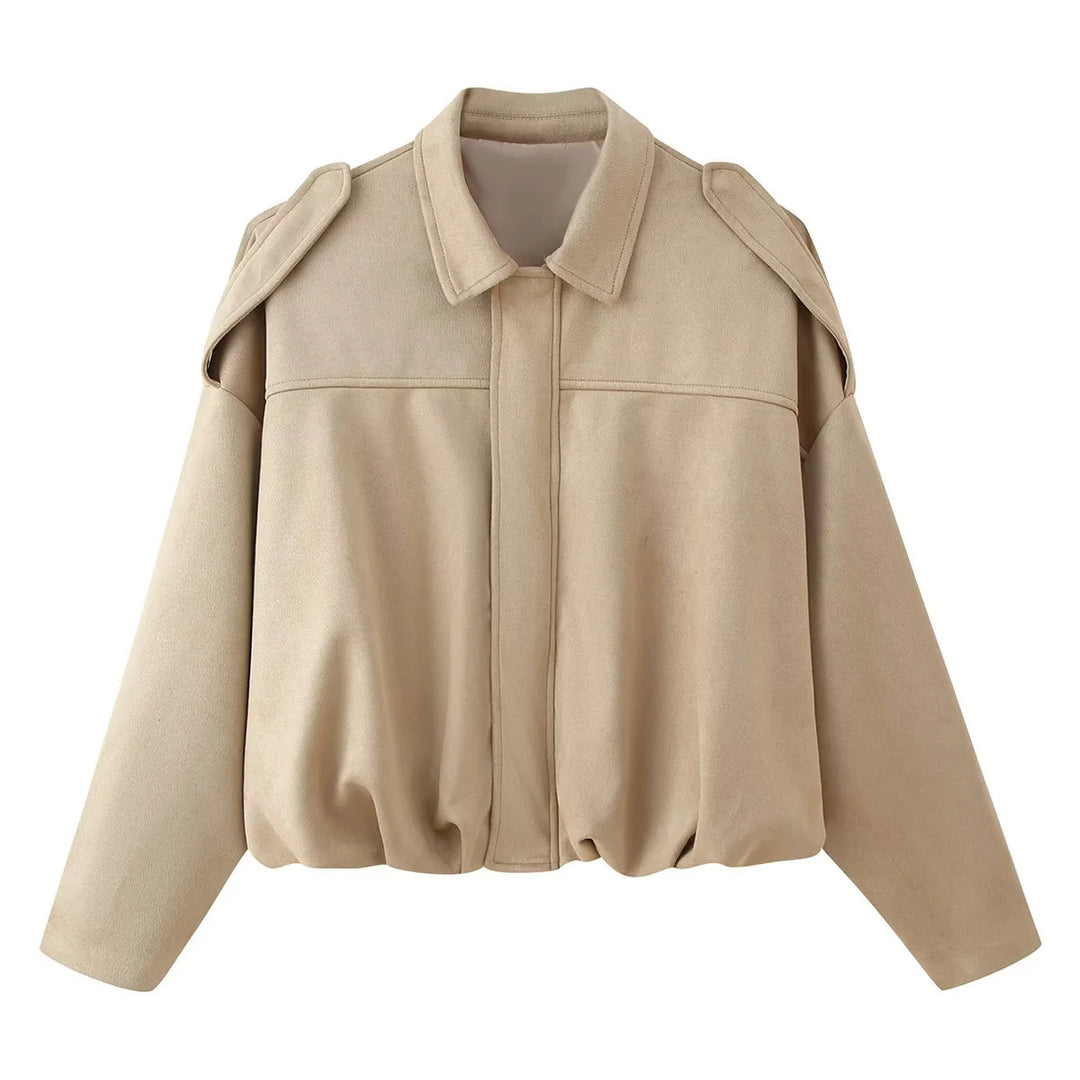 Ladies short cut oversized blouson jacket with shoulder epaulettes, concealed front placket and elastic cord hem Mune Fashion