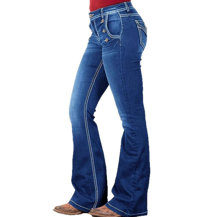 Ladies' Waist-Cinched Bootcut Jeans with Decorative Button Appliqué and Contrast Stitching Mune Fashion