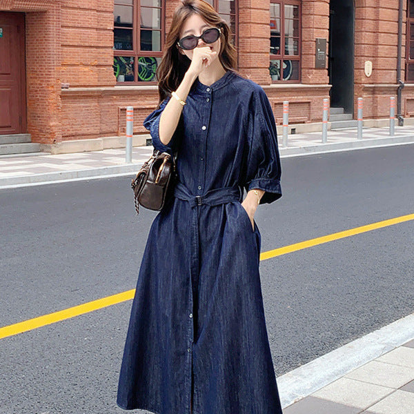 Ladies jeans midi dress with continuous button placket, waist belt and 3/4 sleeves Mune Fashion
