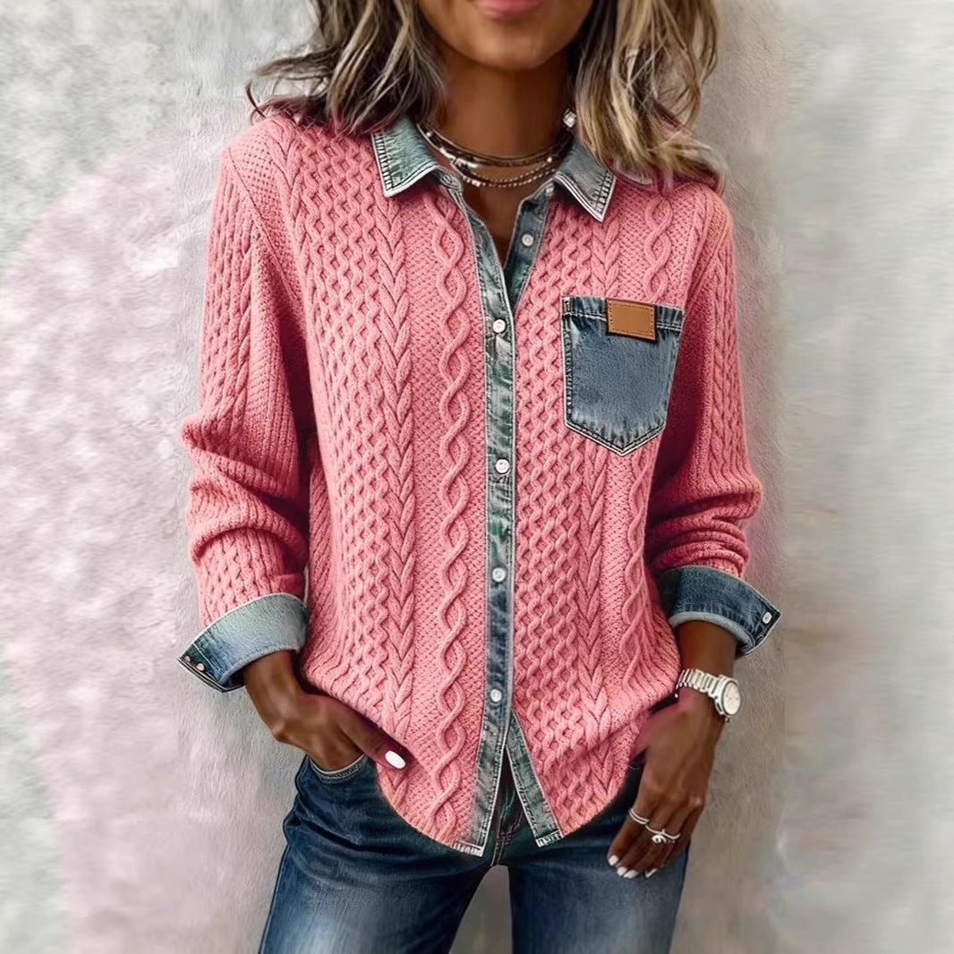 Women’s knit cardigan with denim-look collar, decorative button placket and chest pocket Mune Fashion