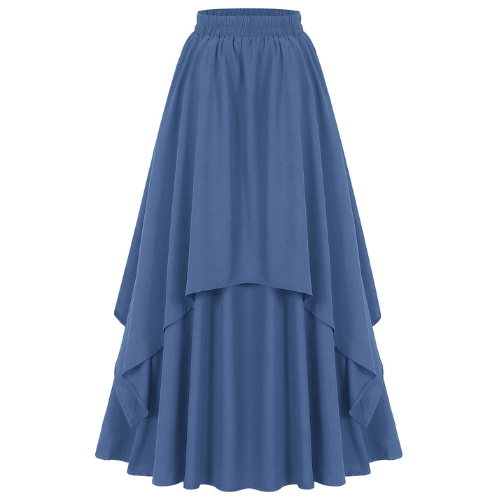 Women's multi-layered chiffon maxi skirt with high elastic waistband and asymmetrical tiered fall.