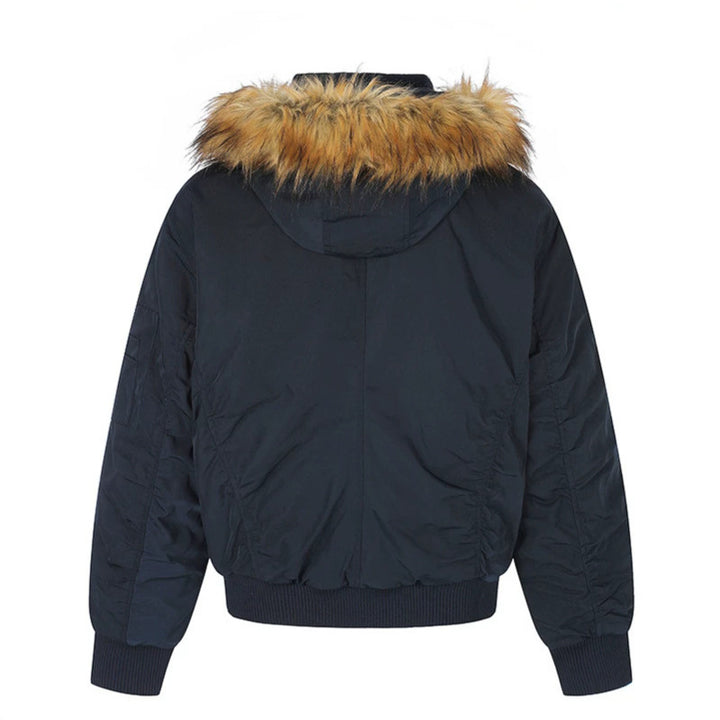 Women's short-cut bomber jacket with faux fur hood and eyelet application Mune Fashion