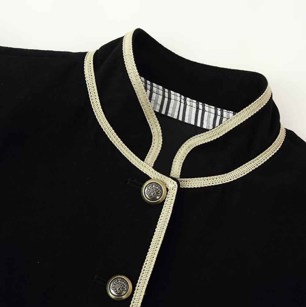 Women's Short Blazer with Stand Collar, Golden Cord Trim and Decorative Buttons Mune Fashion