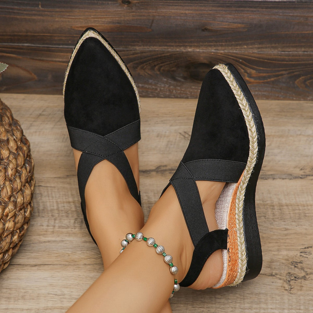 Women's velour slingback wedge with pointed toe cap, braided jute band, and cushioned outsole Mune Fashion