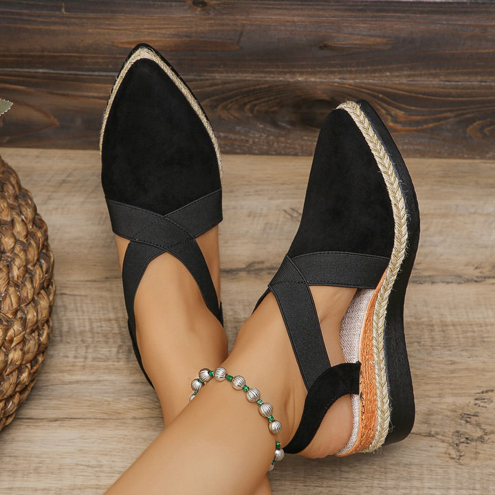 Women's velour slingback wedge with pointed toe cap, braided jute band, and cushioned outsole Mune Fashion