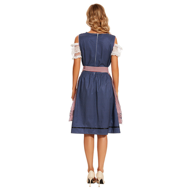 Ladies traditional dirndl dress with laced bodice, lace sleeves and checkered apron Mune Fashion