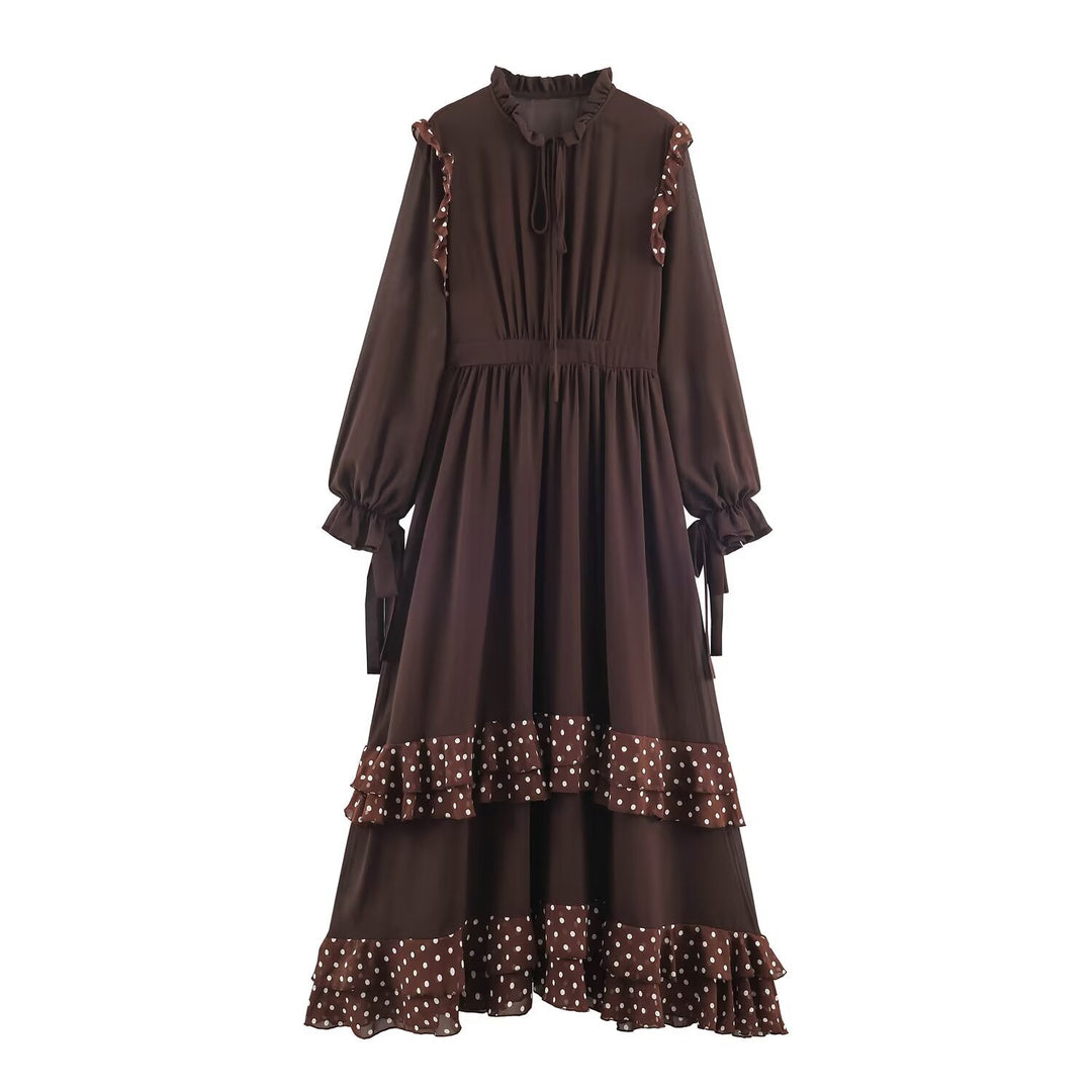 Women’s Midi Dress with Ruffle Layers, Stand Collar and Balloon Sleeves Mune Fashion