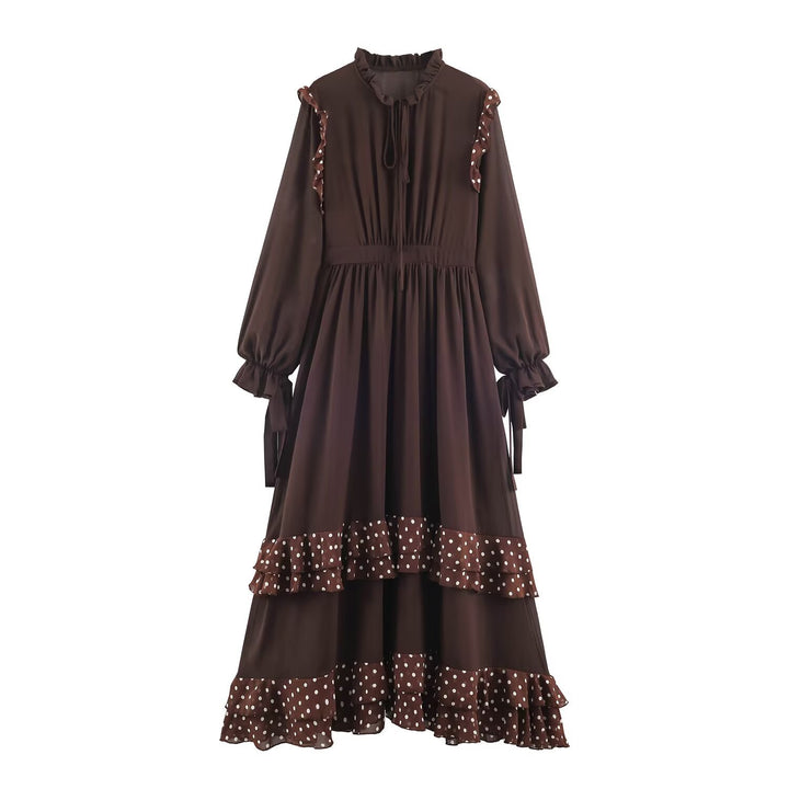 Women’s Midi Dress with Ruffle Layers, Stand Collar and Balloon Sleeves Mune Fashion