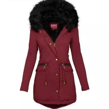 Women Slim-Fit Thermal Parka with voluminous faux fur hood and drawstring Mune Fashion