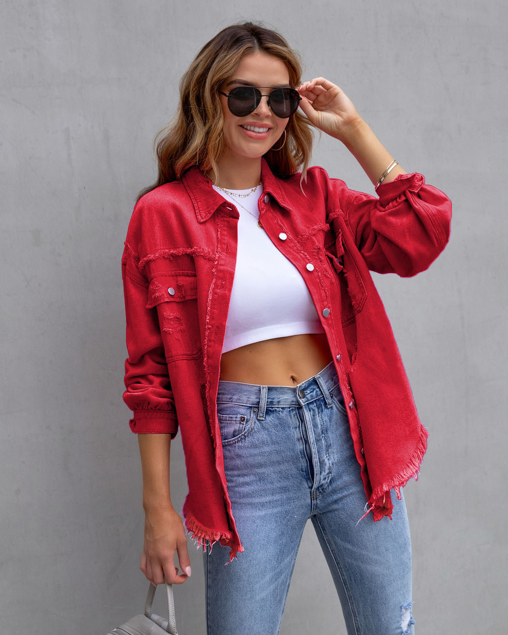 Women's oversized utility denim shirt jacket with fringe trim and patch pockets Mune Fashion