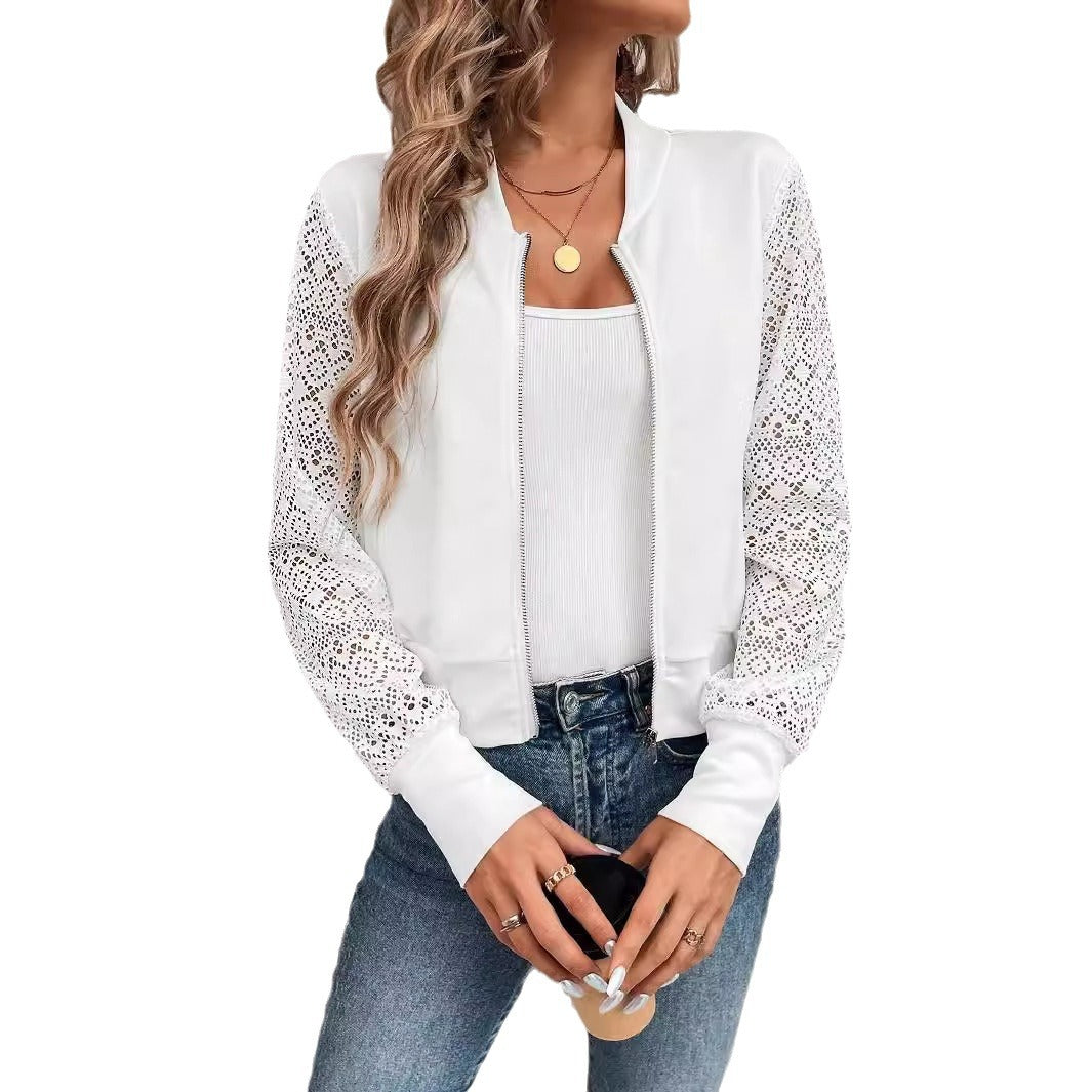 Women's bomber jacket with crochet lace sleeves and full-length zipper Mune Fashion