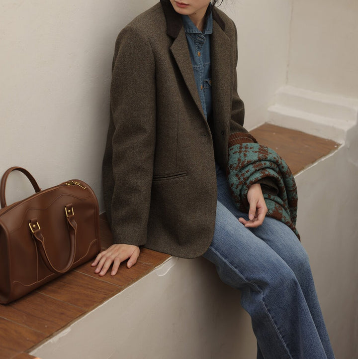 Women Boxy Wool Blend Blazer with Minimalist Single-Button Look and Jetted Pockets Mune Fashion