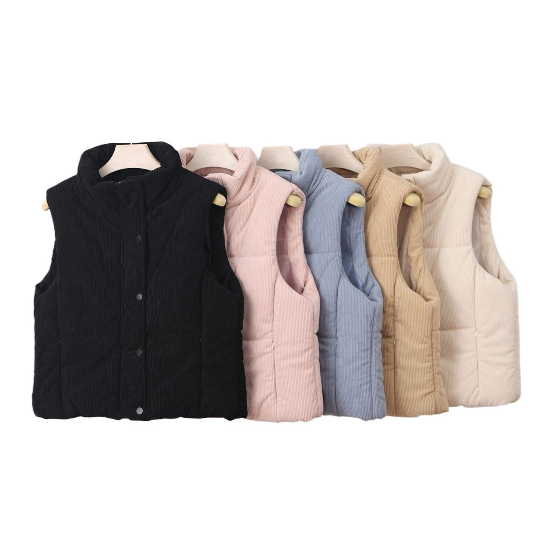 Ladies nan short corduroy look insulation vest with high stand-up collar and snap button placket Mune Fashion