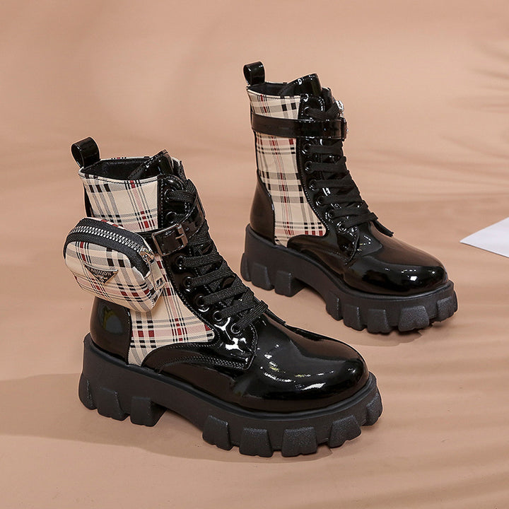 Women's fashionable plateau ankle boots with checkered textile insert, lacing, buckle strap and removable mini bag Mune Fashion