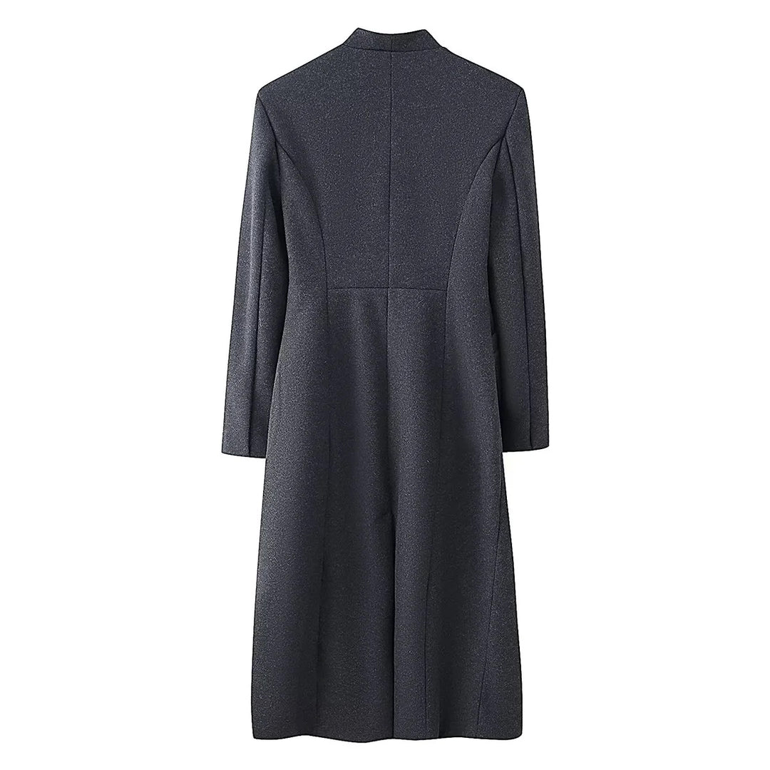 Women's elegant long-cut coat with shawl collar, tailored princess seams, and concealed single-button front Mune Fashion