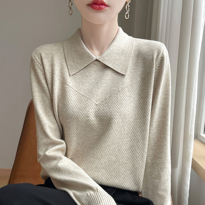 Women's Knit Sweater with Shirt Collar and Textured Front Mune Fashion