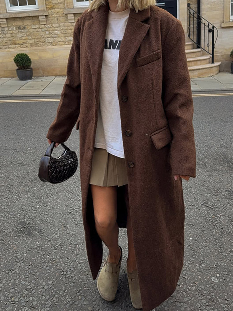 Women's Maxi Long Boxy Coat made of Teddy Faux Fur with Notched Collar and Pockets Mune Fashion