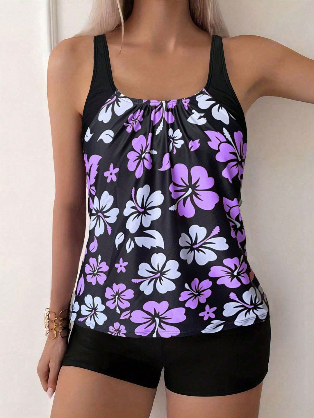 Women's Sporty Tankini Set with Floral Accents Mune Fashion