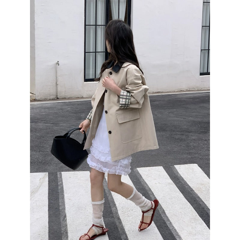 Women's Short Boxy Trench with Contrasting Lapel, Checked Sleeve Trim, and Applied Flap Pockets Mune Fashion