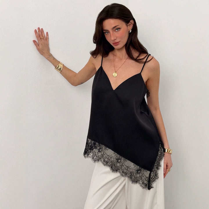 Women nan silky shiny spaghetti strap cami with asymmetric lace edge Mune Fashion