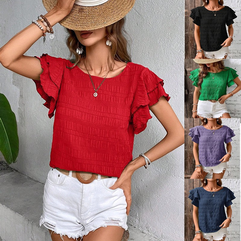 Women's short sleeve blouse with smocking effect and flounce sleeves Mune Fashion