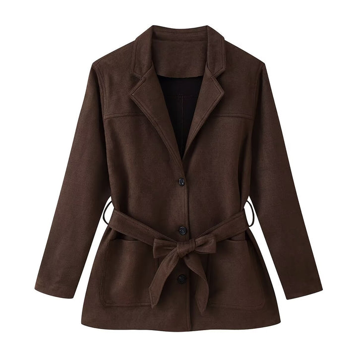 Ladies Tailored Suede Look Blazer with Ties and Patch Pockets Mune Fashion