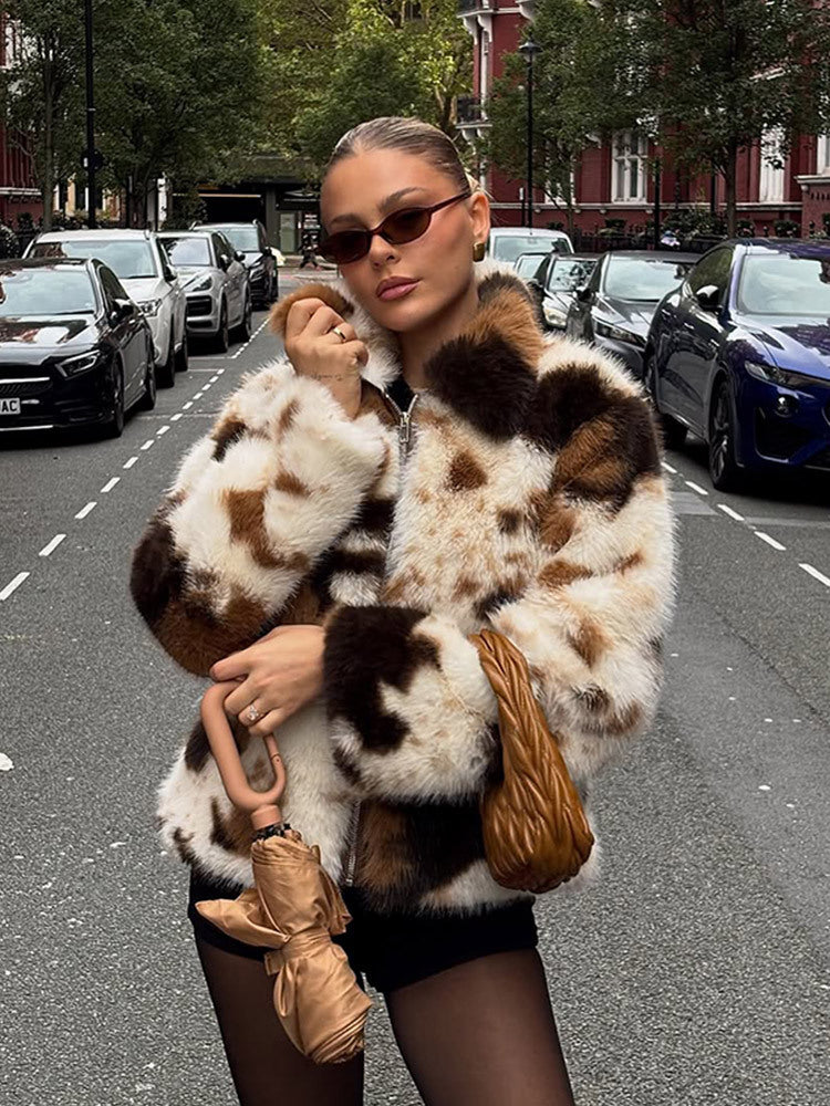 Women's Short Patchwork Faux Fur Blouson with Stand Collar and Concealed Zipper Mune Fashion