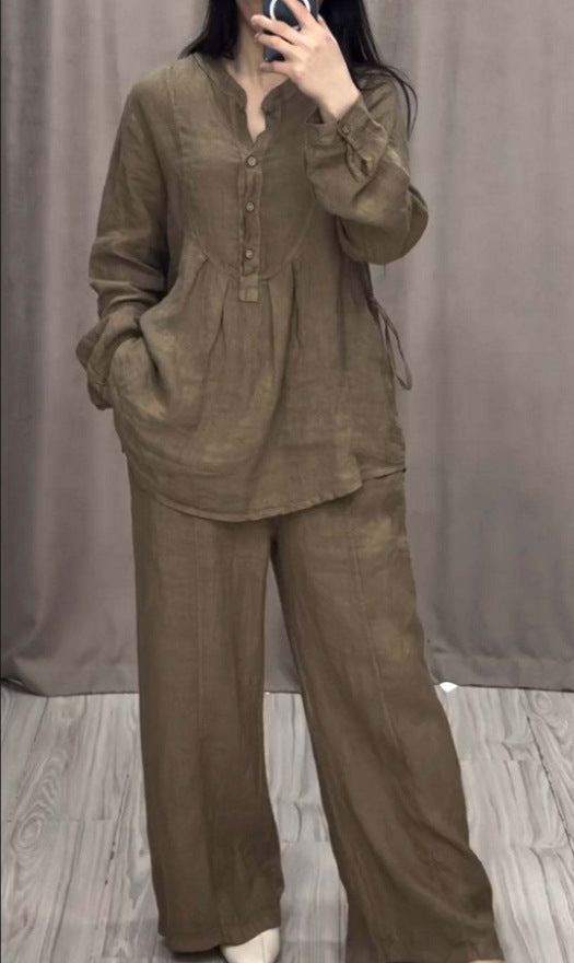 Ladies casual linen set tunic with wide leg, button placket and side pockets Mune Fashion