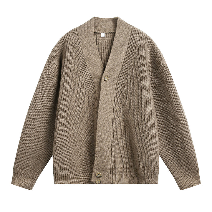 Unisex Oversize Chunky Knit Cardigan with Shawl Collar, Ribbed Structure and Asymmetric Button Placket Mune Fashion