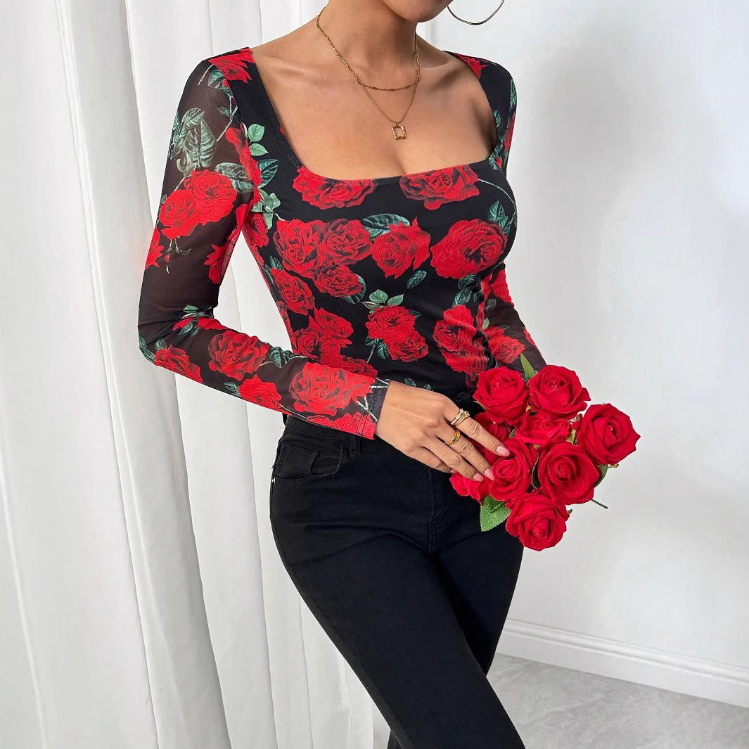 Women close-fitting stretch shirt with square neckline, fine mesh structure and large rose print Mune Fashion