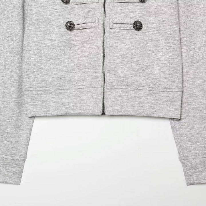 Women's Cropped Sweat Jacket with Stand-Up Collar and Military Decorative Button Rows Mune Fashion