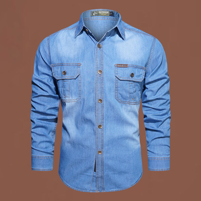Men's robust stretch denim shirt with reinforced flap chest pockets and contrast stitching