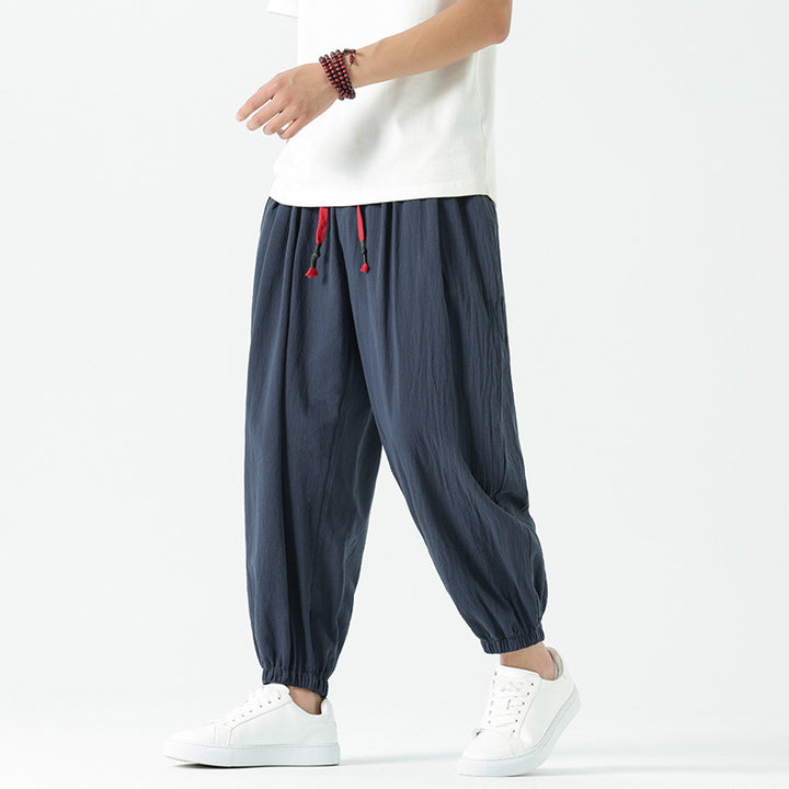Men's loosely cut linen-cotton pants with drawstring and elastic cuffs Mune Fashion