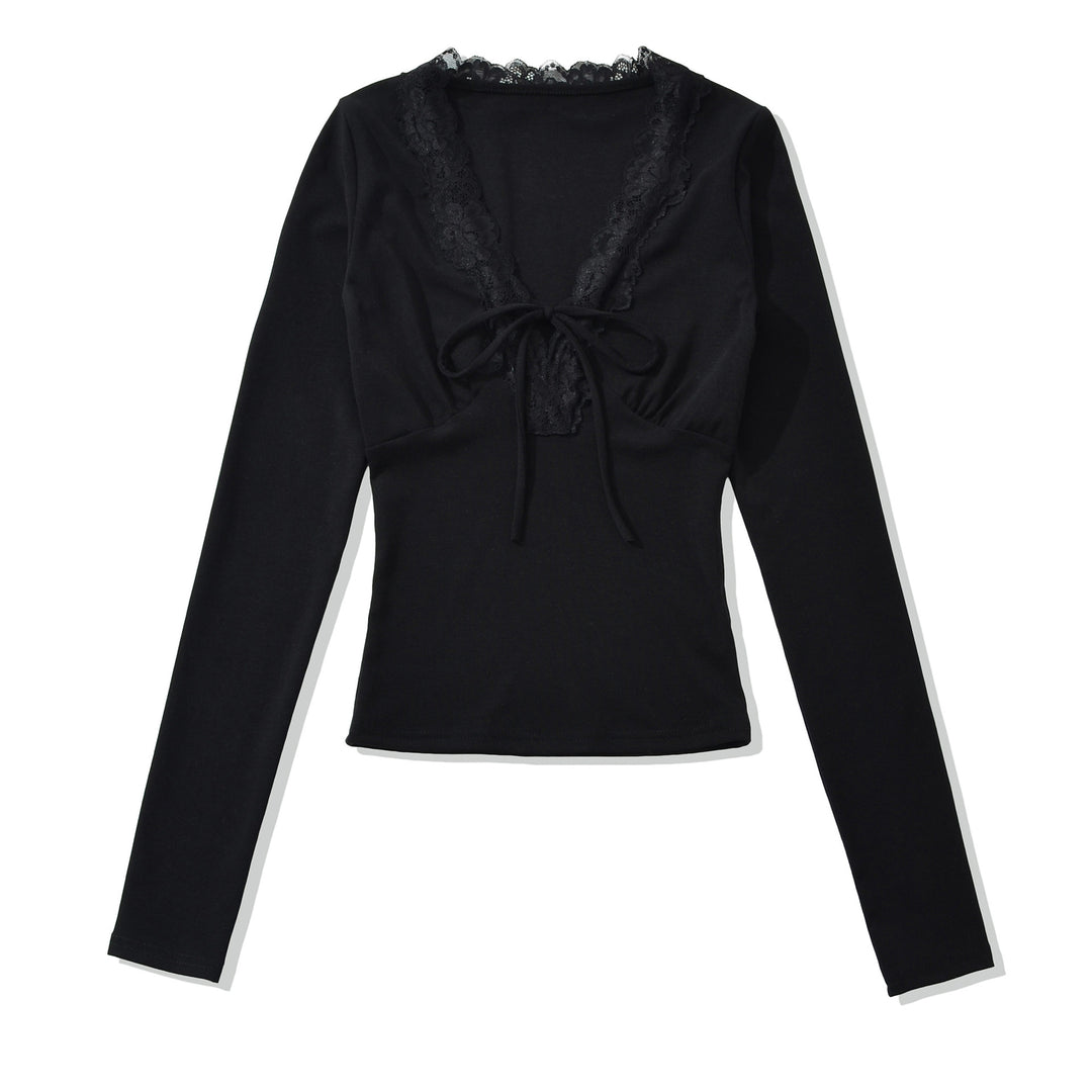 Women's Long Sleeve Shirt with Lace V-Neck and Tie Band Mune Fashion