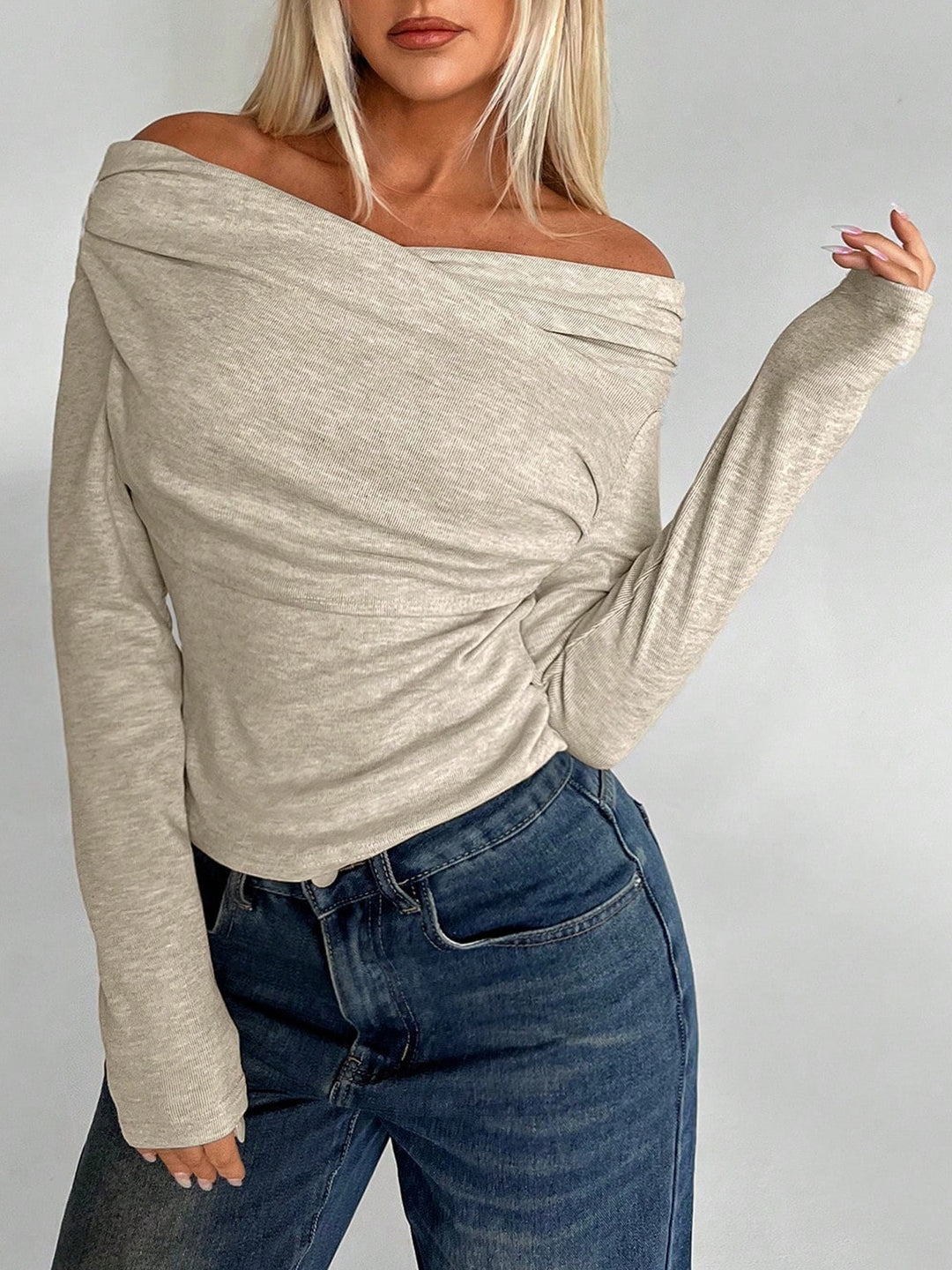 Women Soft Off-Shoulder Long Sleeve Shirt with Waterfall Collar and Light Stretch Mune Fashion