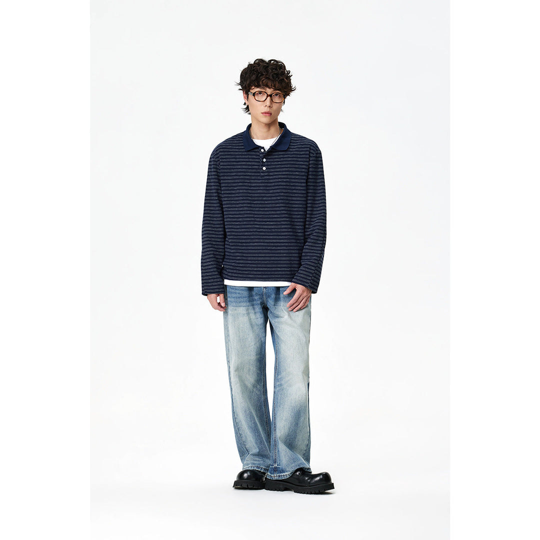 Men's long-sleeve polo shirt made of fine cotton knit with a kent collar and fine stripe texture Mune Fashion