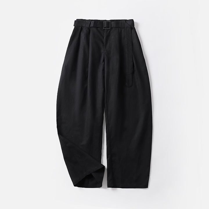Women's High-Waisted Linen-Cotton Pleated Trousers with Tied Belt and Tapered Leg Mune Fashion