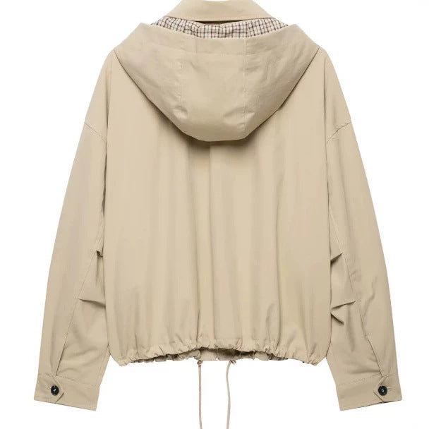 Women's Lightweight Hooded Jacket in Boxy Cut with Drawstring and Check Lining Mune Fashion